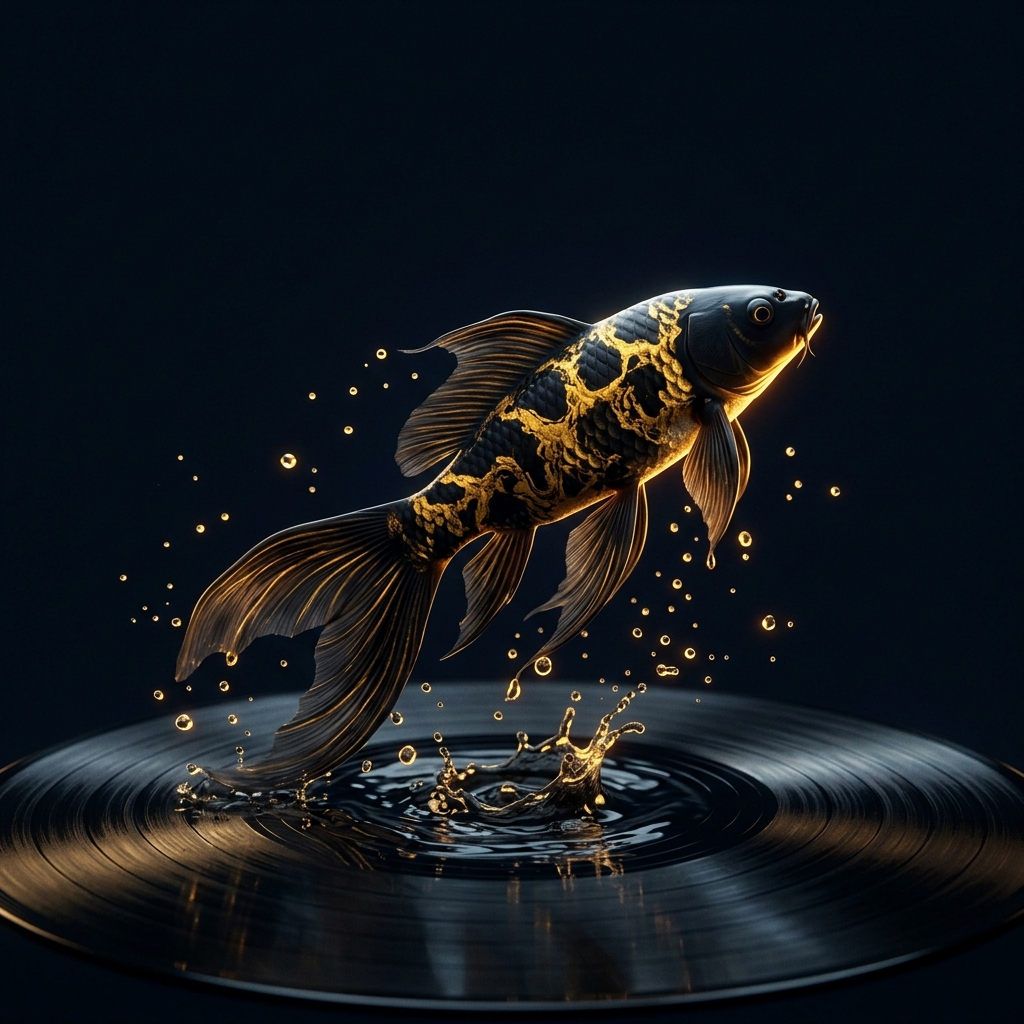 A black-and-gold koi leaping from a vinyl record